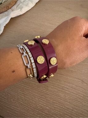 Tory Burch Plum Double Wrap Leather Bracelet with Gold Logos